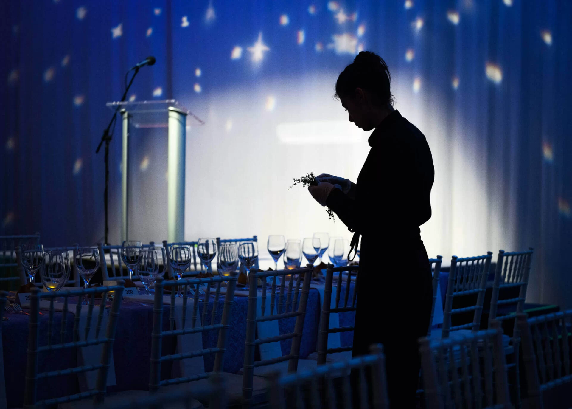 A silhouette of a person holding a program stands beside elegantly set dining tables, illuminated by soft, colorful lighting.